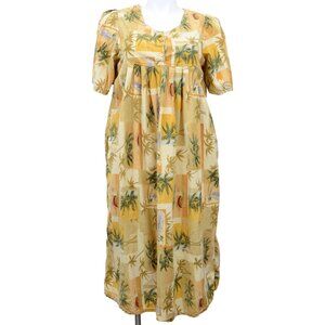 Fundamentals Sz LG Yellow Floral MooMoo Pockets Puffed Sleeve Midi Dress Vacay